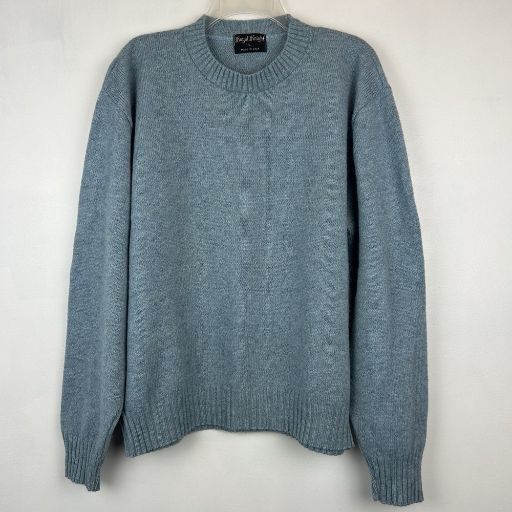 Vintage Royal Knight Sweater Mens L Blue Wool Blend Union Label Crew USA Preppy